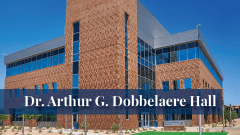 Exterior view of the Dr. Dobbelaere Hall building at the Midwestern University Glendale, AZ campus.