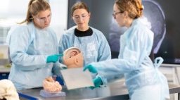 students in lab examining cadaver of a head