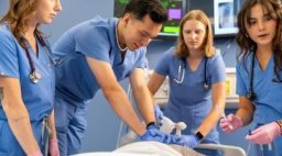 PA students working on medical mannikin in the simulation lab.