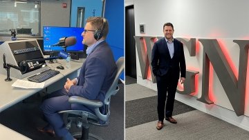 Dr. Baker speaks on microphone and poses by WGN sign