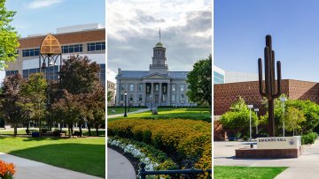 Images of the Midwestern University Downers Grove, Illinois and Glendale, Arizona Campuses, centered by a campus shot of the University of Iowa