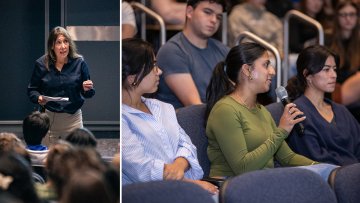 Composite photo of speaker and students asking questions