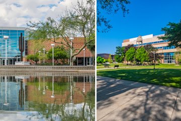 Side by side Glendale and Downers Grove campus photos