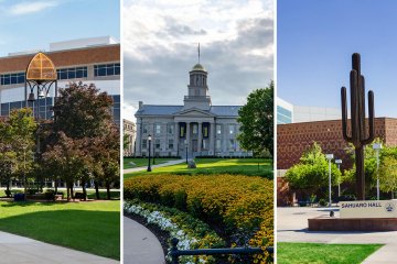 Images of the Midwestern University Downers Grove, Illinois and Glendale, Arizona Campuses, centered by a campus shot of the University of Iowa