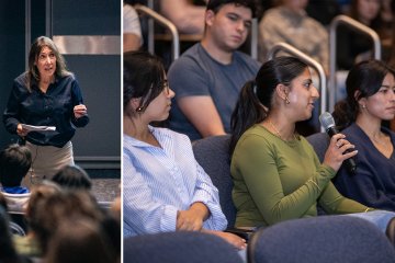 Composite photo of speaker and students asking questions