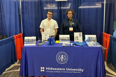 Two faculty stand at table