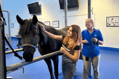 In the large animal clinic, a high school student pets a practice horse while Dr. Waitt-Wolker teaches