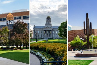 Images of the Midwestern University Downers Grove, Illinois and Glendale, Arizona Campuses, centered by a campus shot of the University of Iowa