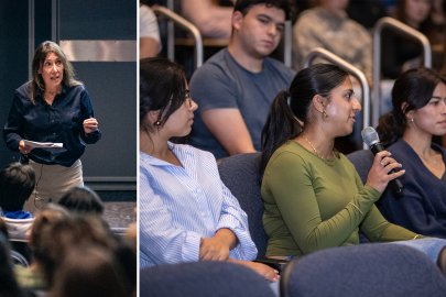 Composite photo of speaker and students asking questions