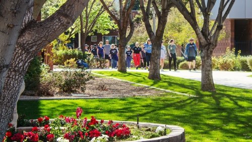 large group walking outside on campus