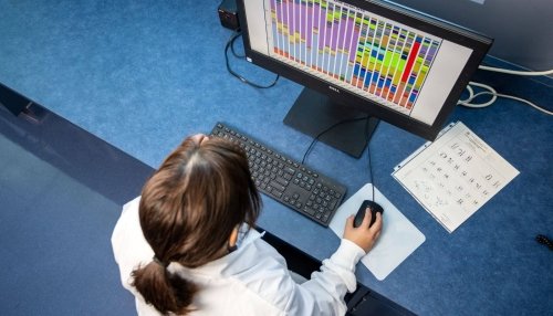 Precision Medicine student uses computer to analyze patient data.