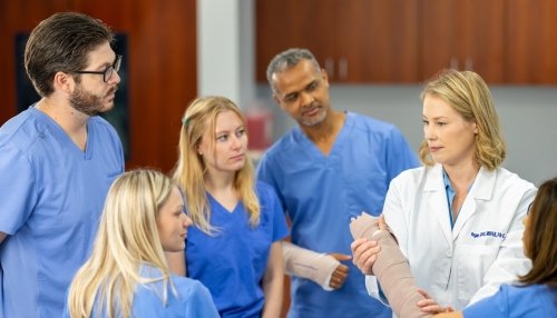 Doctor holding an arm with a cast in demonstration for students.