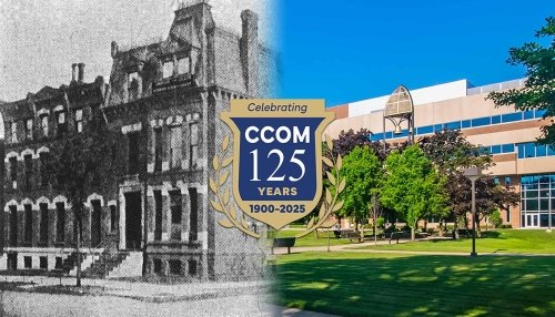 Collage of CCOM through the years in classroom, buildings, etc.