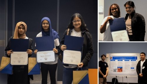 Mini Medical School winners hold their awards, mentor and student with participation certificates, and a student and a mentor with the case study poster.