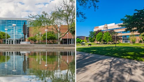 Side by side Glendale and Downers Grove campus photos