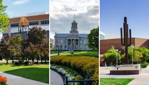 Images of the Midwestern University Downers Grove, Illinois and Glendale, Arizona Campuses, centered by a campus shot of the University of Iowa