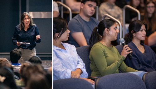 Composite photo of speaker and students asking questions