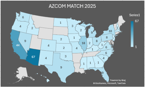 Illustrative map showing number of 2026 AZCOM matches in the continental US