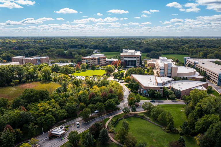 Aerial view of the Midwestern University Downers Grove, IL campus.